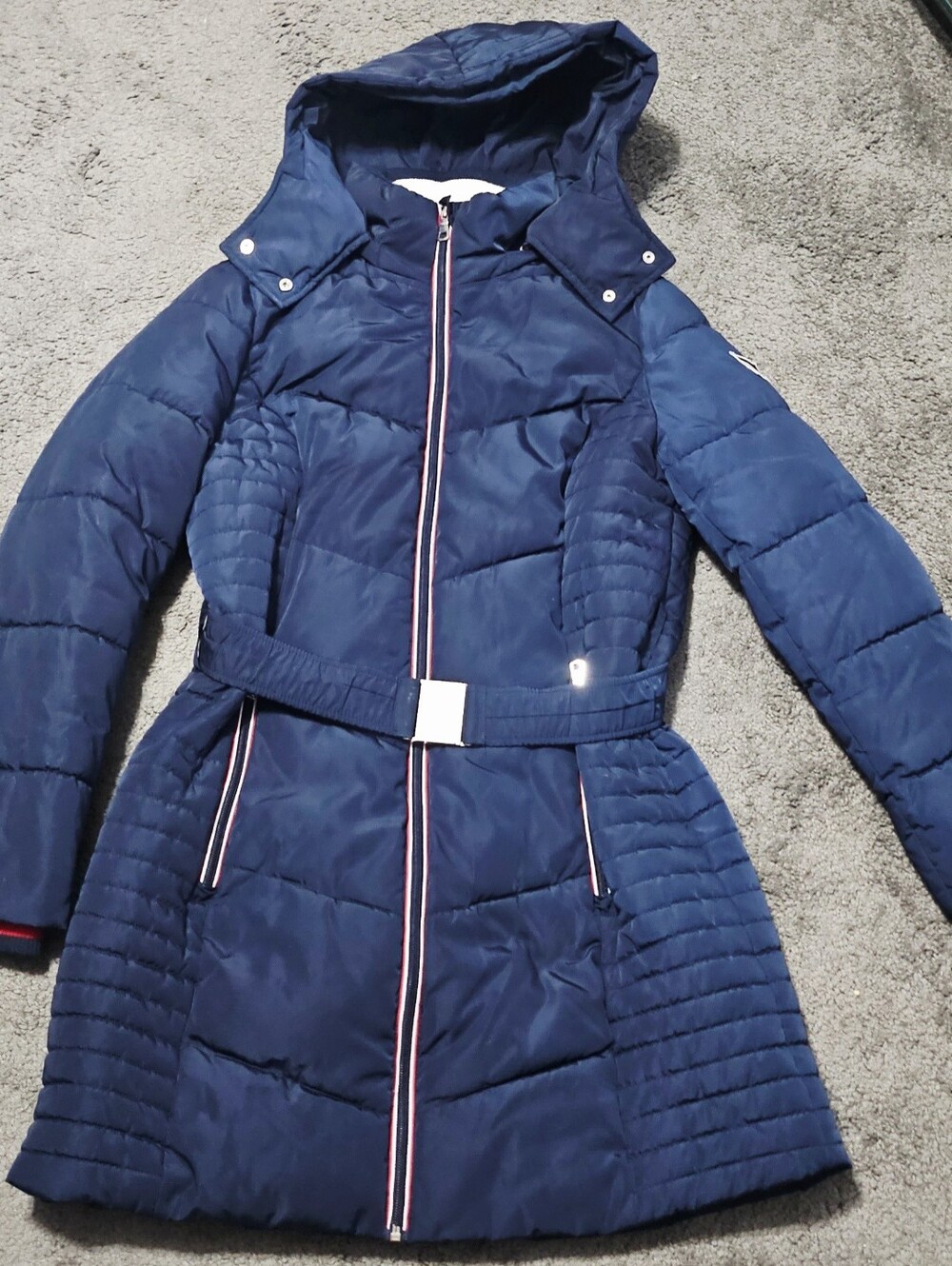 Womens Tommy Hilfiger Navy Blue Long Puffer Coat w/ belt and hood size M - Picture 3 of 12